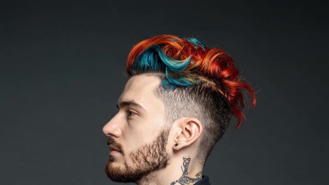 Profile portrait of man with vibrant dyed hair highlighting modern hairstyle trends personal style and creative individuality