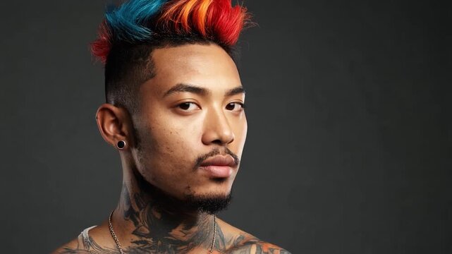 Side profile portrait of young man with colorful mohawk hairstyle representing individuality fashion identity and creative self expression