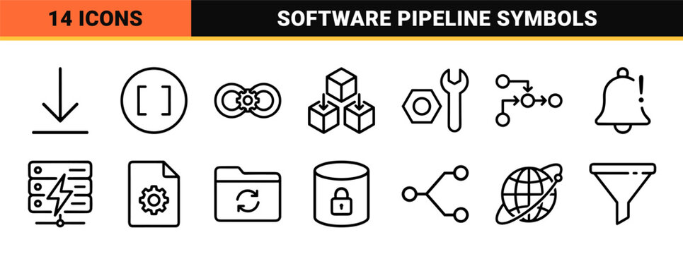 DevOps and Continuous Integration Monoline Icon Set featuring Ultra-Minimalist Geometric Symbols for Software Engineering and Automation.