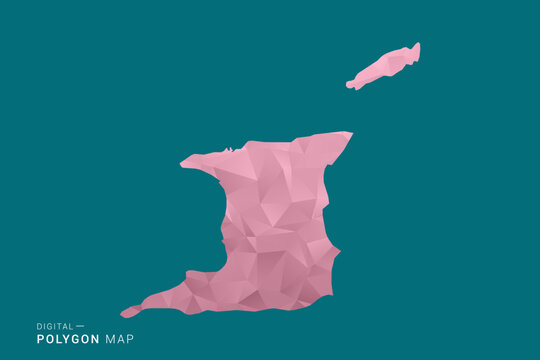 Trinidad and Tobago polygon map vector illustration in low poly geometric style, soft pastel colors with pink and teal green tones, clean silhouette on solid background, ideal for infographic.