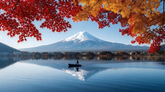 Majestic snow capped mount fuji reflected perfectly in calm lake water framed by vibrant red and yellow autumn maple leaves above a lone rower.