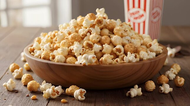 A generously overflowing wooden bowl filled with delicious freshly popped popcorn, some caramel coated kernels mixed in, spilling onto a rustic wooden table, perfect for a cozy movie evening.