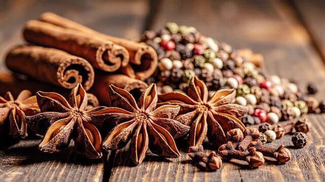 Spices and herbs on a wooden table, with star anise, cinnamon, coffee beans, and peppercorns scattered