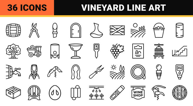 Enology and Viticulture Line Art Set featuring Minimalist Wine Production Icons for Branding and Digital Interface Design Applications