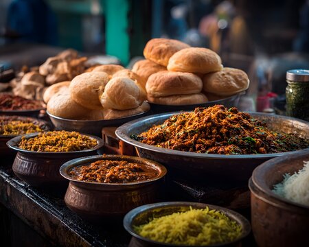 Visit vibrant spice market of Mumbai find recipe fiery Maharashtrian misal pav spiced lamb curried rice buttered soft flatbread clean professional stock photo sharp macro photography style cinematic