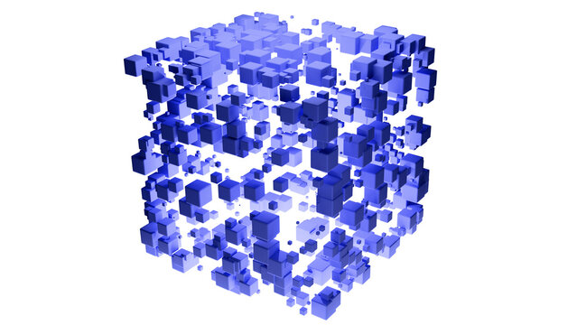 An abstract cube figure composed of small cubes on a transparent background. An abstract model of a magic cube, energy cube, hypercube, tetracube, or tesseract on a transparent background.