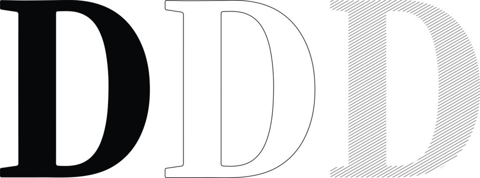 Three 'D' Letters in Vector Style: Solid Outline and Hatch Fill for Design Concepts