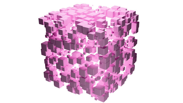 An abstract cube figure composed of small cubes on a transparent background. An abstract model of a magic cube, energy cube, hypercube, tetracube, or tesseract on a transparent background.