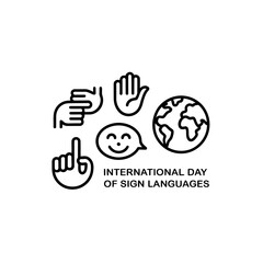 Obraz premium Global international day of sign languages line icons with earth and hand signs