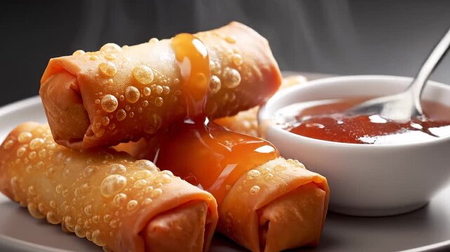 Crispy Egg Rolls Drizzled With Sweet and Sour Sauce, Close Up Shot