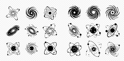 Set of various black hole and galaxy icons, abstract spiral and atomic symbols, cosmos and science elements. © Adji