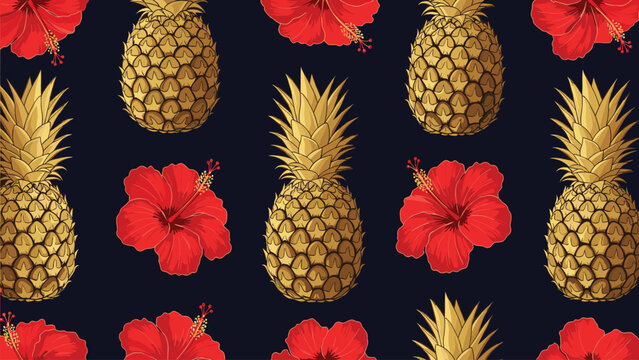 Tropical Pineapple Hibiscus Pattern Seamless Background for Summer Design