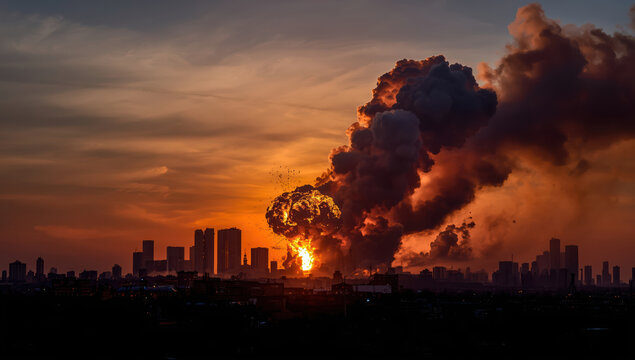 Sunset city skyline with large industrial explosion and billowing smoke creating dramatic orange