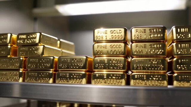 Gold bars stacked on metal shelf in secure vault with fluorescent lighting, symbolizing wealth storage