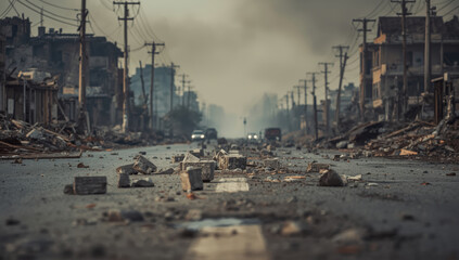 Fototapeta premium War damaged urban street strewn with rubble and collapsed buildings, bleak atmosphere