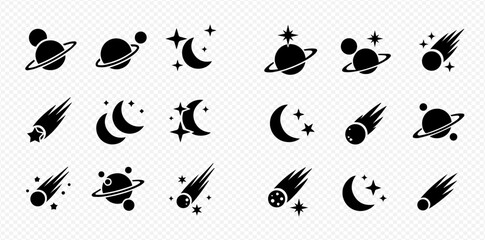 Set of space icons including planets, moons, stars, and comets in a simple black silhouette style. © Adji