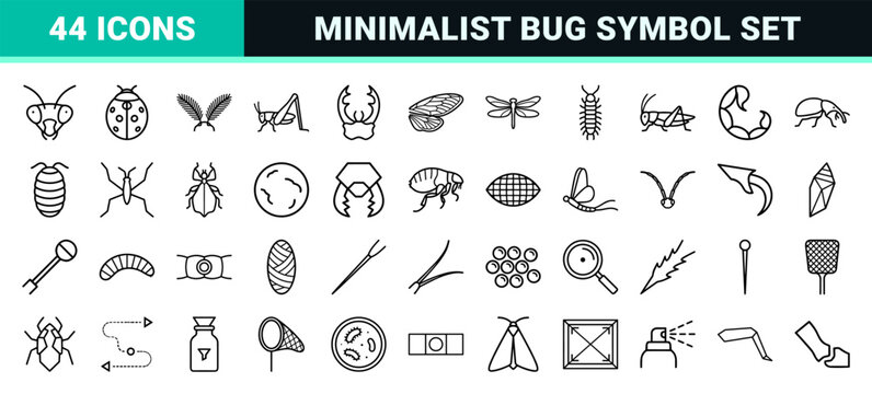 Entomology Research Graphic Symbols Featuring Ultra-Minimalist Geometric Insect Outlines and Scientific Morphology Vector Line Art Icons