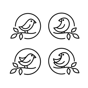 Simple Bird on Branch Line Art Logo Icon Set