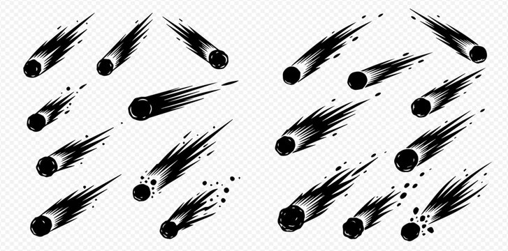 Set of black falling comets or meteors with speed lines and dust trails, isolated on transparent background.