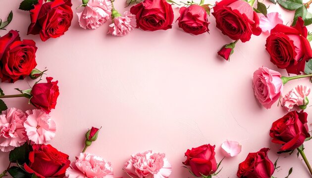 Elegant Rose and Carnation Floral Frame with Copy Space
