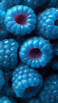 Blue raspberry texture background with water droplets macro abstract fruit pattern