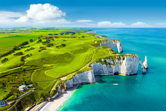 Picturesque panoramic landscape on the cliffs of Etretat. Etretat, Normandy, France