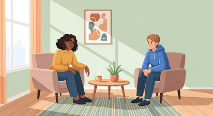 A vector graphic illustration of a therapist and patient in a cozy living room setting having a conversation.