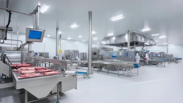 Modern food processing factory interior, industrial production line, automated manufacturing equipment, hygienic facility, food industry, stainless steel machinery, clean technology