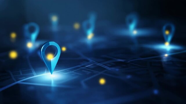 Glowing location pins on digital city network, GPS navigation, smart mobility, geolocation technology, route tracking, connected transportation, data mapping