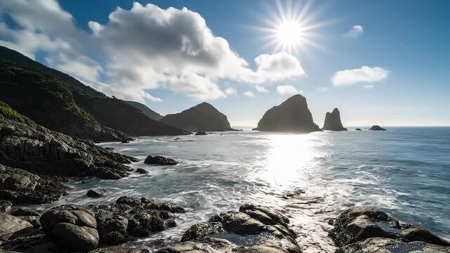 Dramatic Coastal Landscape With Jagged Rocks and Ocean Waves Under Moody Sky, Long Exposure