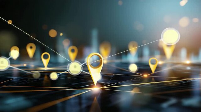 Glowing location pins on digital city network, GPS navigation, smart mobility, geolocation technology, route tracking, connected transportation, data mapping