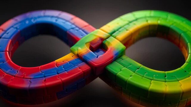 Vibrant rainbow infinity symbol made from interlocking block pieces with marbled texture, representing neurodiversity and eternal connection against a dark reflective background.