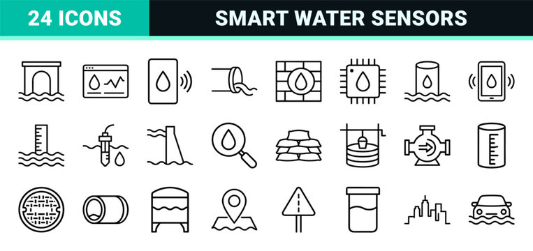Smart Flood Monitoring System Icons featuring Ultra-Minimalist Monoline Symbols for Disaster Prevention and Water Level Management Interfaces