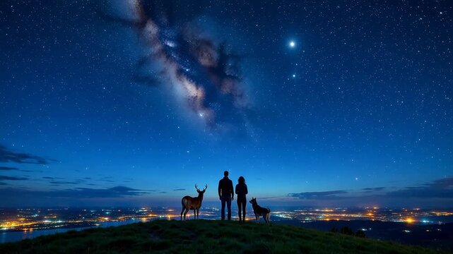 People and animals under starry sky