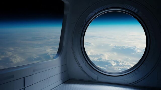 View of Earth from spacecraft window, outer space, planet horizon, orbital perspective, space travel, astronomy, cosmic exploration, futuristic vision