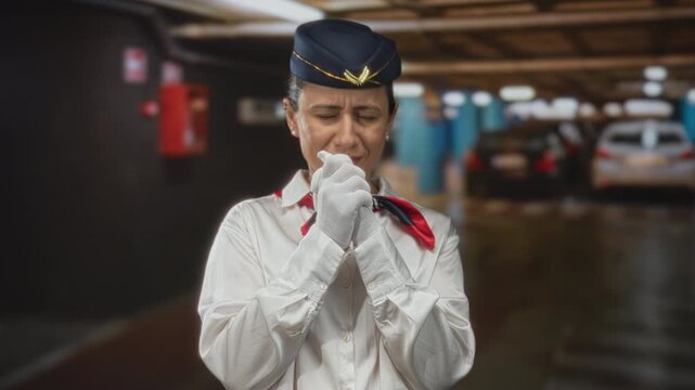 Flight attendant woman clasping gloved hands in dimly lit building parking area near cars; prayer hope.