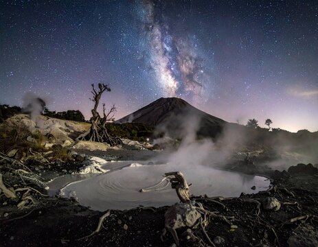 Nightscape of boiling mud pots at Las Pailas, Rincon de la Vieja. Geothermal steam, vertical Milky Way, and volcanic rocks with sharp detail. Costa Rica nature and astronomy concept.