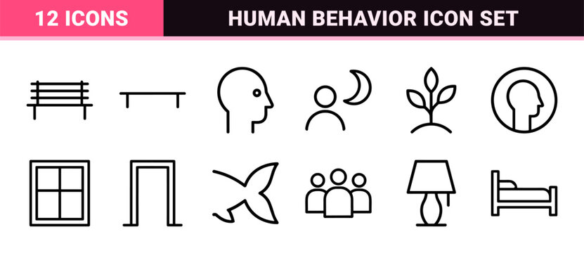 Ultra-Minimalist Monoline Behavioral Psychology Icon Set featuring Geometric Line Art Symbols for Human Emotion, Mental Health, and Social Interaction.