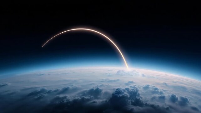 Rocket launch trajectory above Earth horizon, space mission, aerospace technology, outer space, orbital flight, planet view, cosmic exploration, futuristic concept