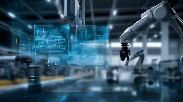 Smart factory with supply chain automation, industrial robots and real-time production analytics Advanced manufacturing facility with automated supply chain systems  4K