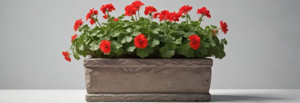 red geranium plant in a rectangular stone pot isolated on white background,  red flower in pot,  terracotta pot,  botanical photography