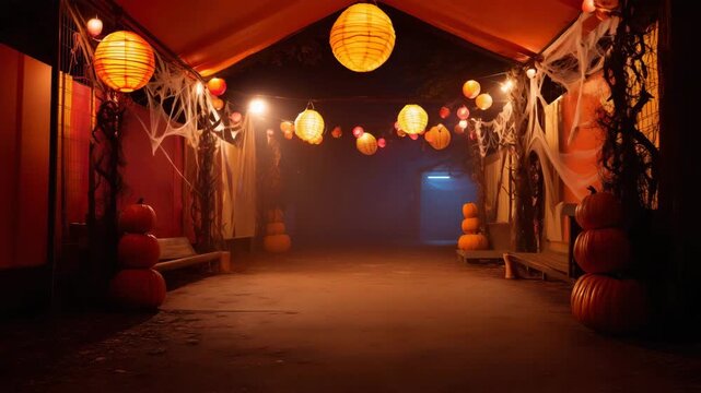 Halloween party scene with glowing pumpkins, spooky masks, cobweb decorations, festive horror backdrop, autumn celebration, eerie holiday setup, copy space