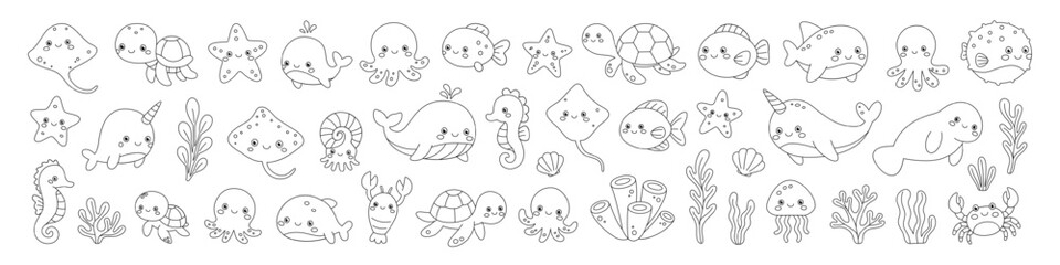 Set of cute marine animals, corals, and plants. Underwater characters for coloring and design © Lifeking