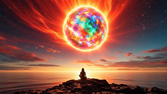 Person meditating by ocean with colorful celestial sphere