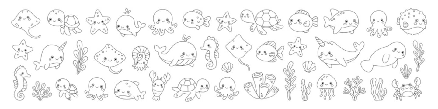 Set of cute marine animals, corals, and plants. Underwater characters for coloring and design