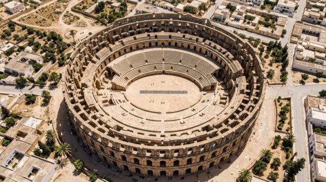 Aerial View of the Ancient Roman Amphitheater in El Jem, Tunisia.
