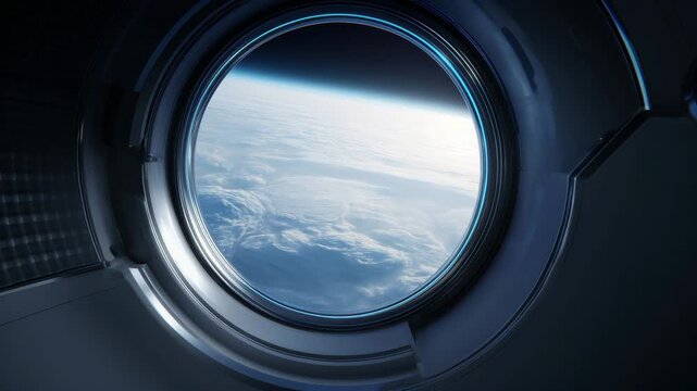 View from space station porthole window looking down at Earth from orbit View from inside a space station through a circular porthole window, looking down at Earth from orbit, real  4K