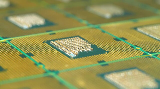 Central processing units for PC. Close view of CPU pins and contacts. CPU unit powering computer operations