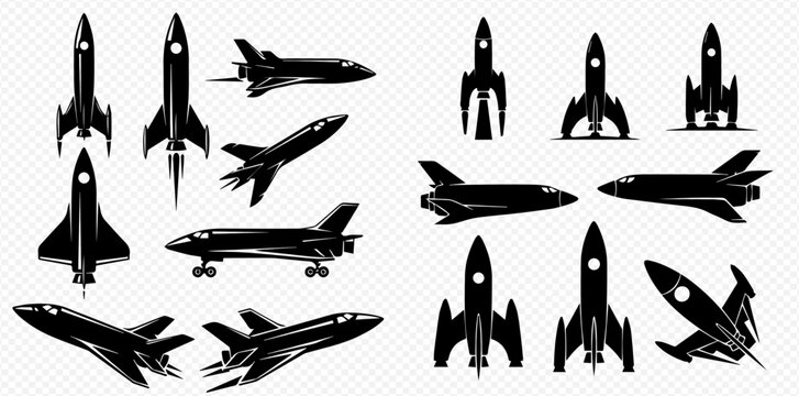 Set of various black rocket and space shuttle silhouettes for space exploration and science fiction designs.