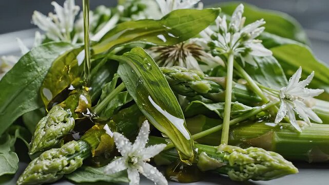 Fresh Asparagus Salad With Wild Garlic Flowers Drizzled With Olive Oil